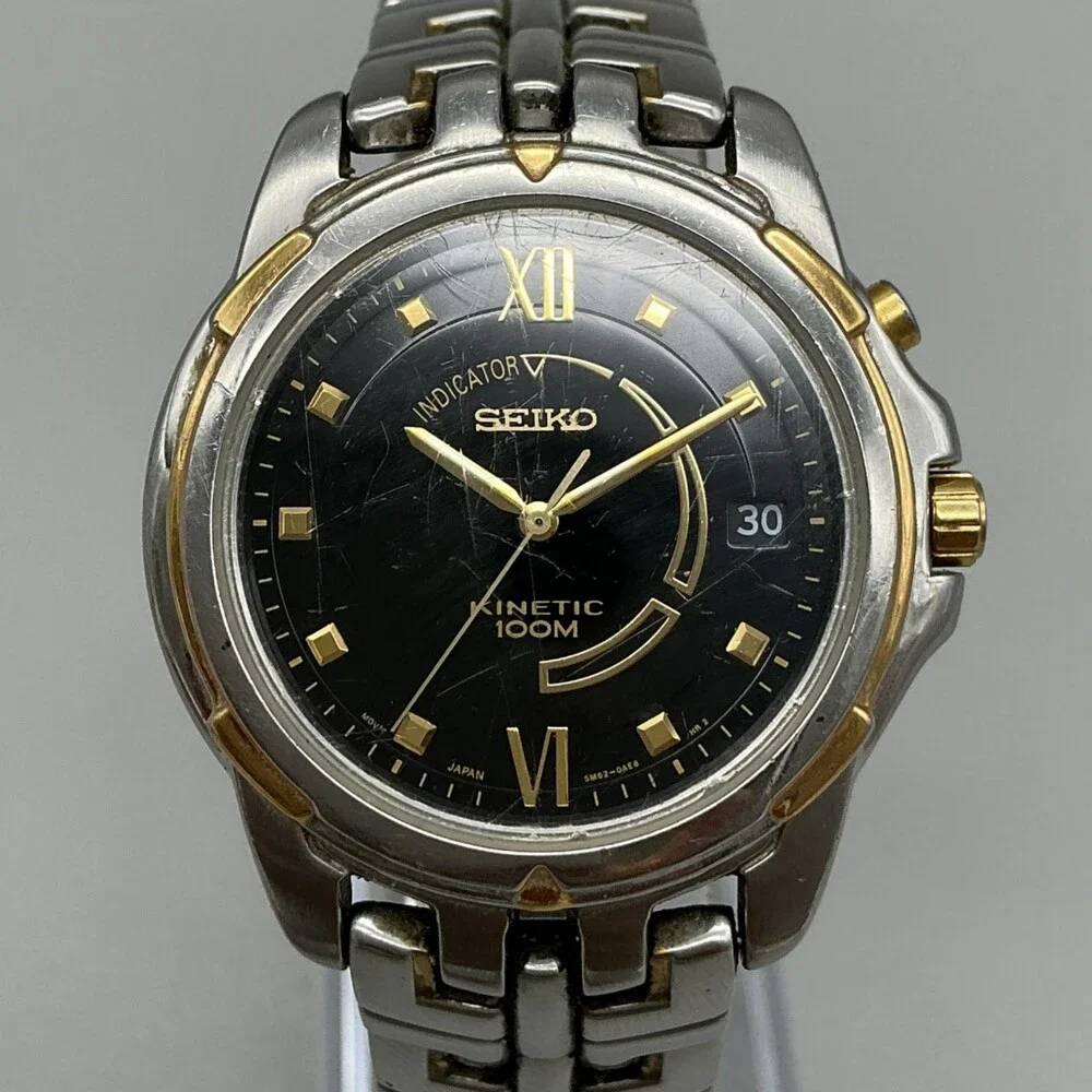 Seiko Kinetic Mens Watch 37mm Black Dial 5M62-0AE0 Date New Capacitor 6.75